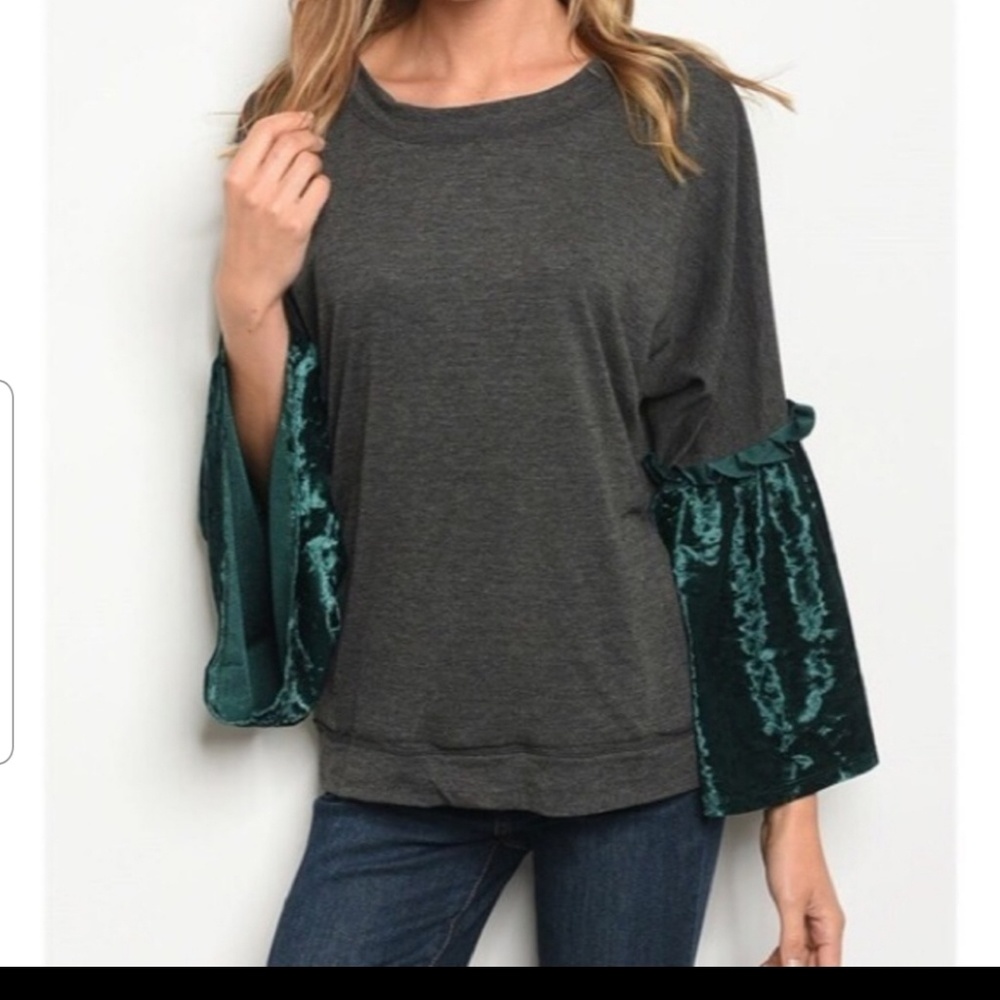 🦚 Green Velvet Ruffled Bell Sleeves Sweater Shirt